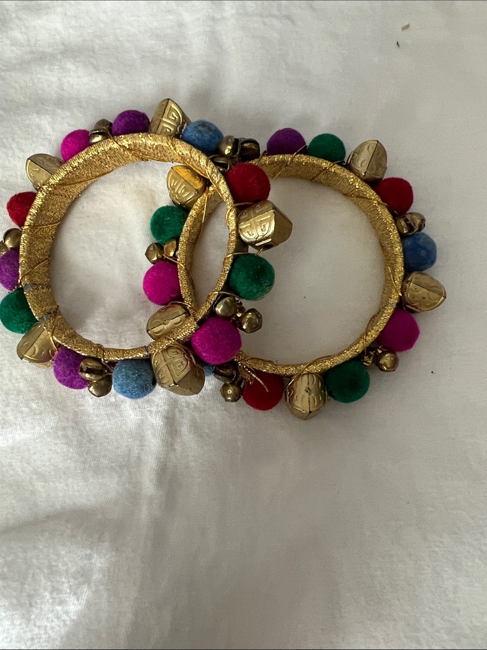 Gold-Tone Multicolor Pom Pom Bangle Bracelets - Women Jewelry